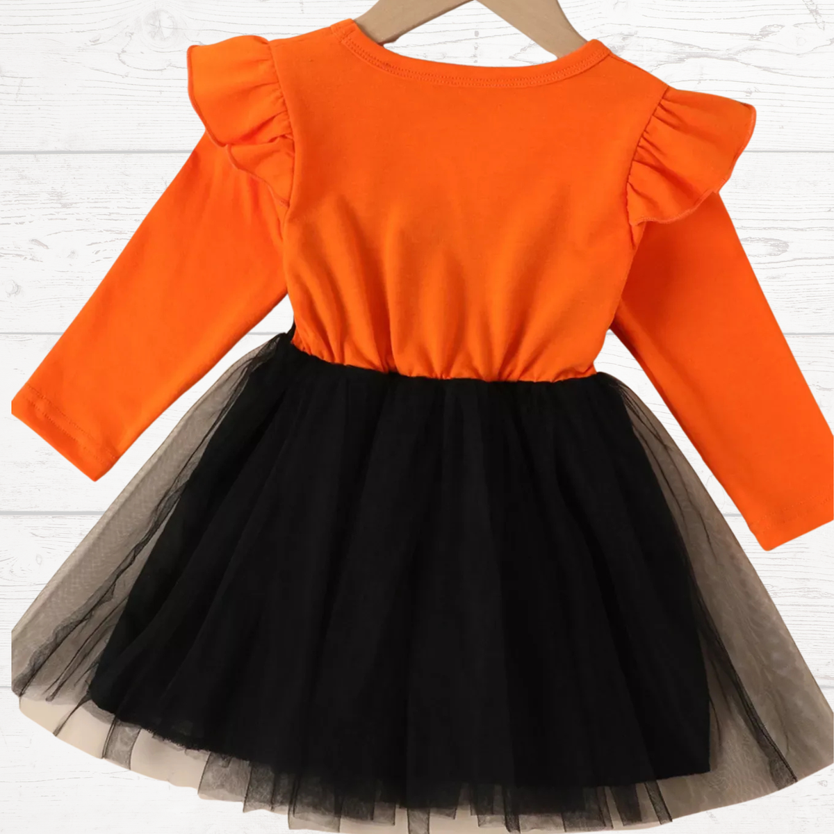 Orange long-sleeve ruffle bodice with black tulle skirt kids cat-eye dress