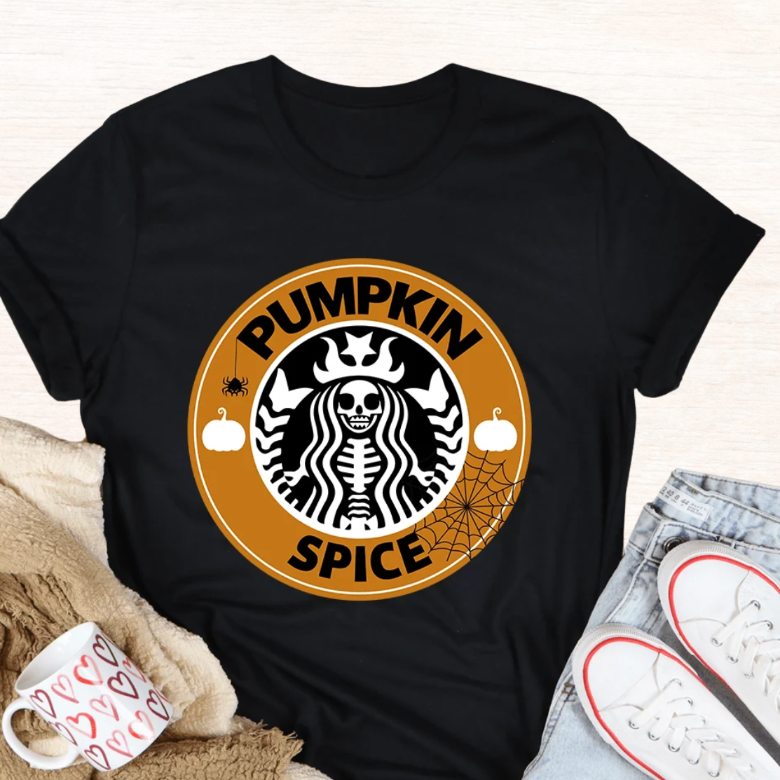 Black crewneck T-shirt with Pumpkin Spice graphic logo centered on front