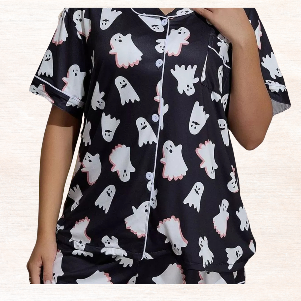 Black ghost-print pajama top with front buttons, collar, and short sleeves