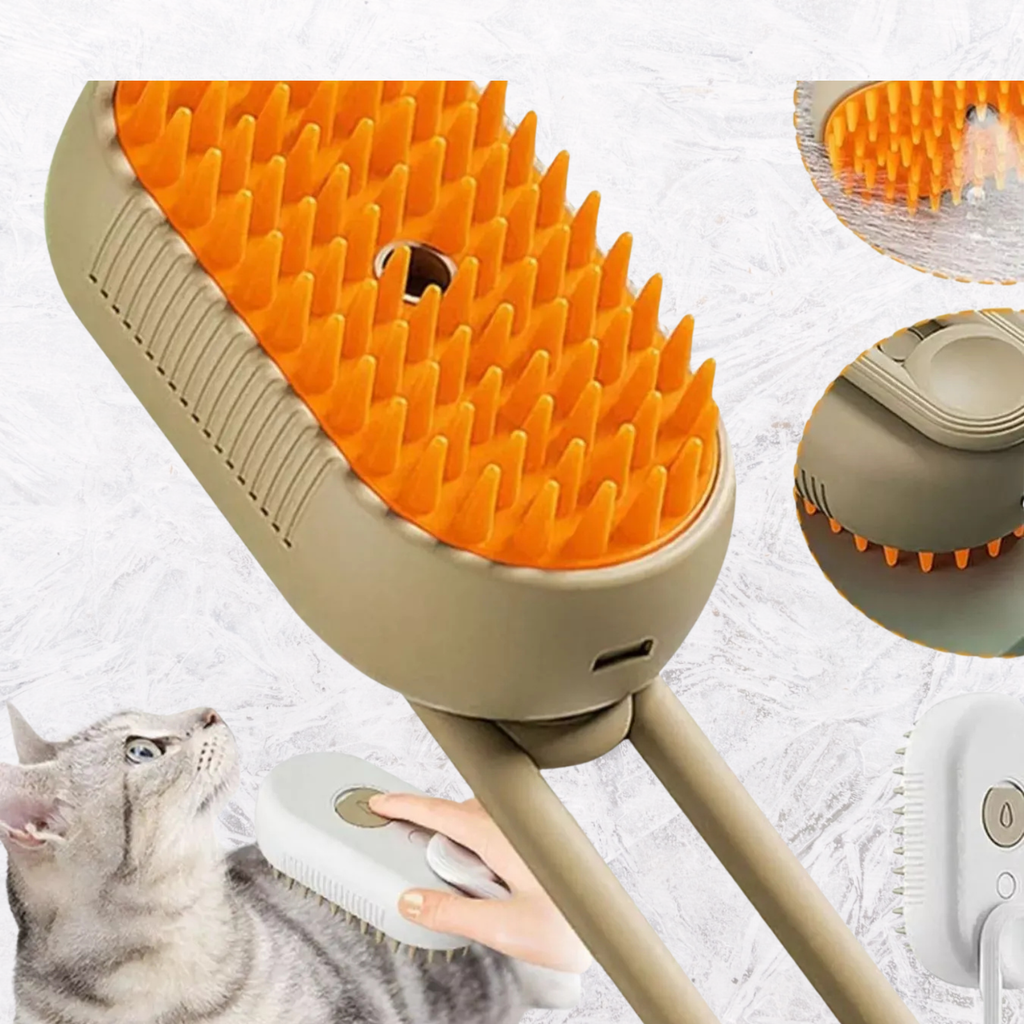 Taupe electric pet massage brush with orange bristle head for bathing pets