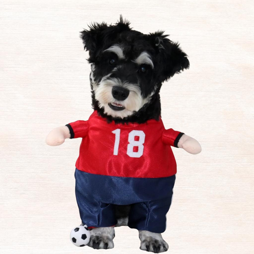 Red and navy dog jumpsuit with white number 18 print and soccer ball