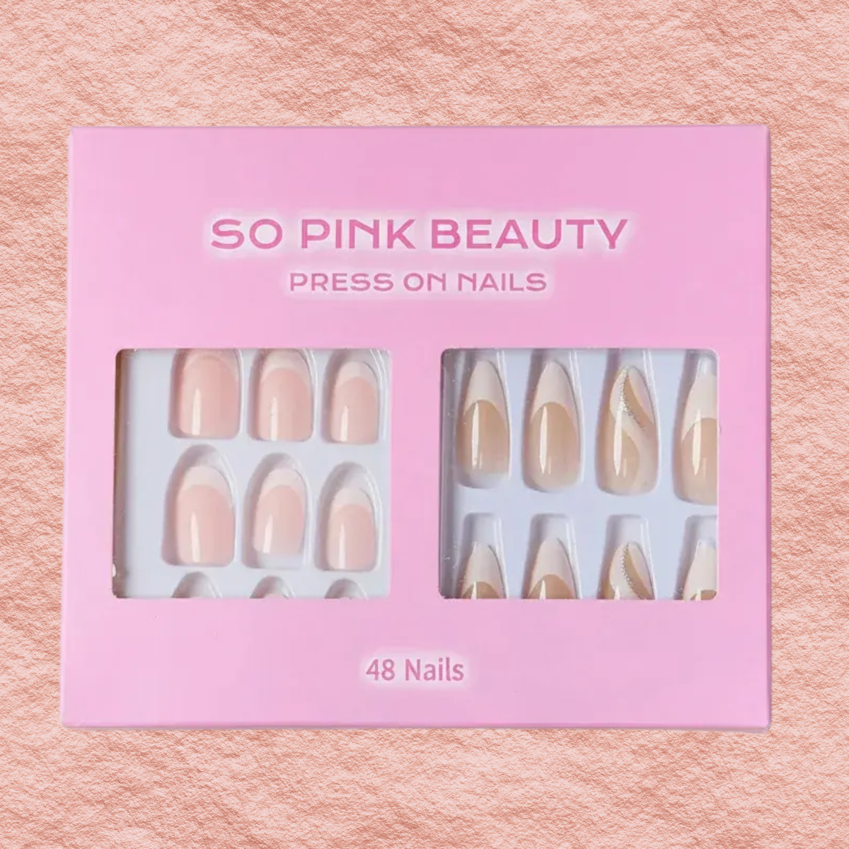 Press-on nails 2-pack box with nude and gold accent designs, 48 nails