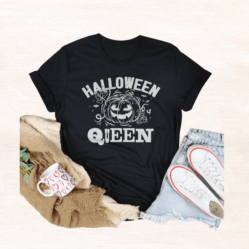 Black short-sleeve Halloween Queen graphic tee with jack-o-lantern illustration