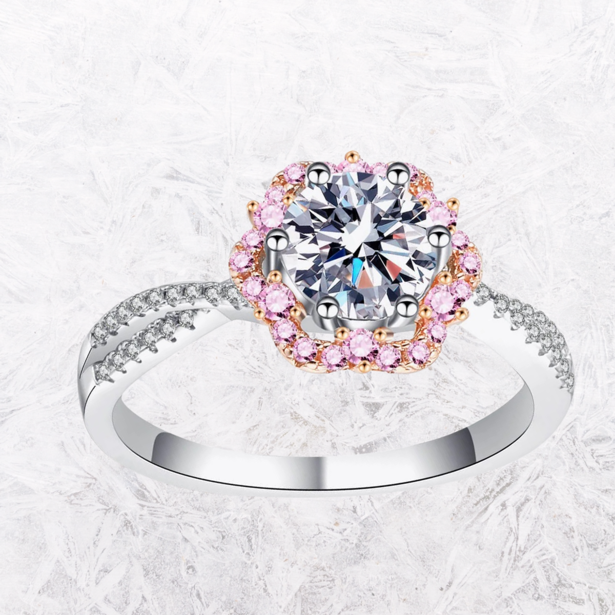 Moissanite flower-shaped crisscross ring with pink halo and silver band