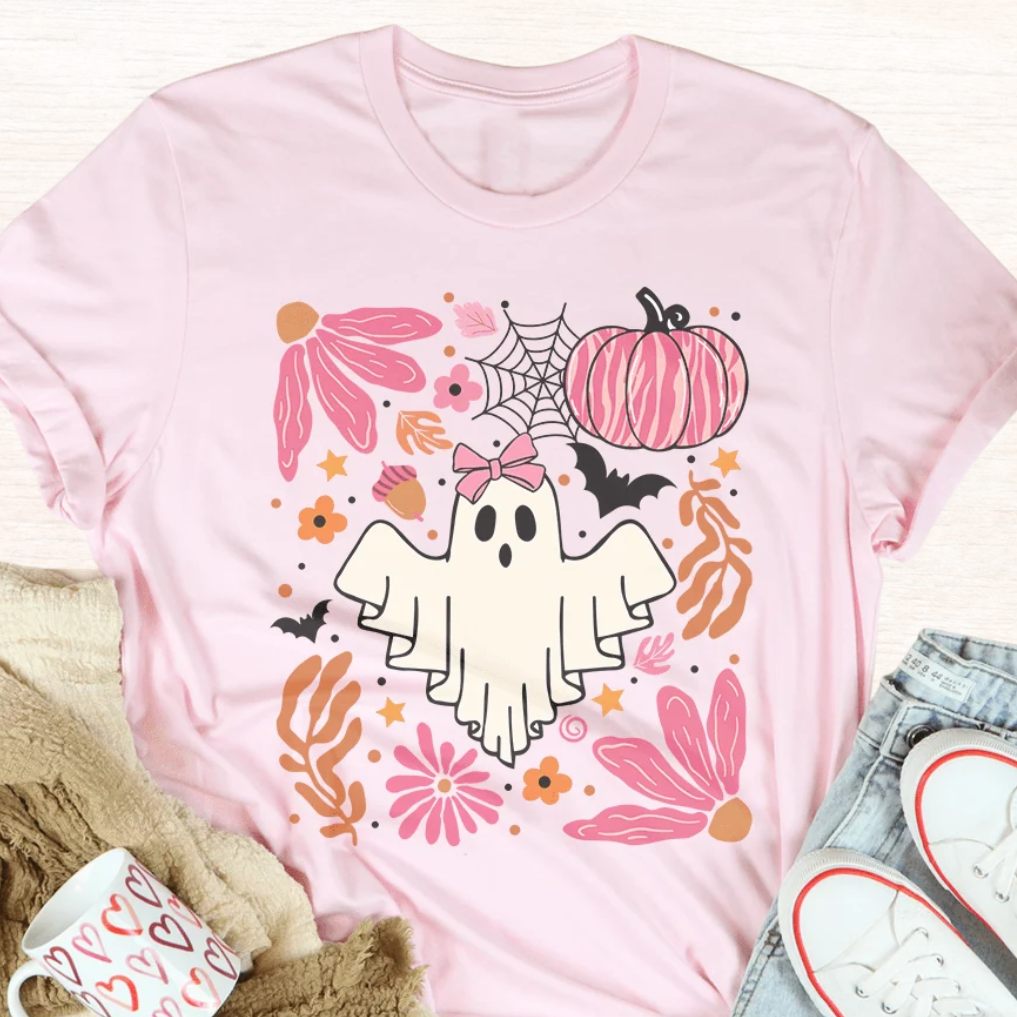 Light pink Halloween ghost T-shirt with pink pumpkin, bow, spiderweb and floral print
