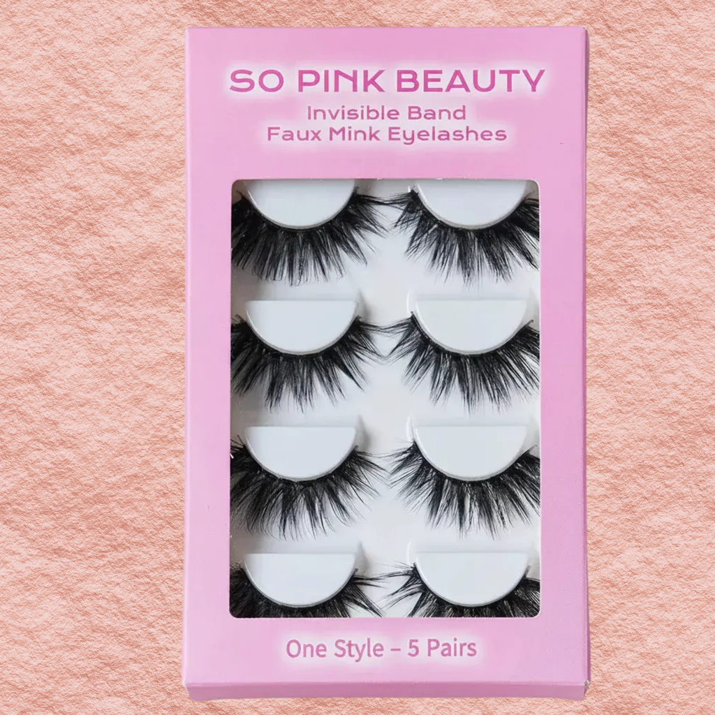 SO PINK BEAUTY faux mink eyelashes pink box with invisible band, five pairs shown in window