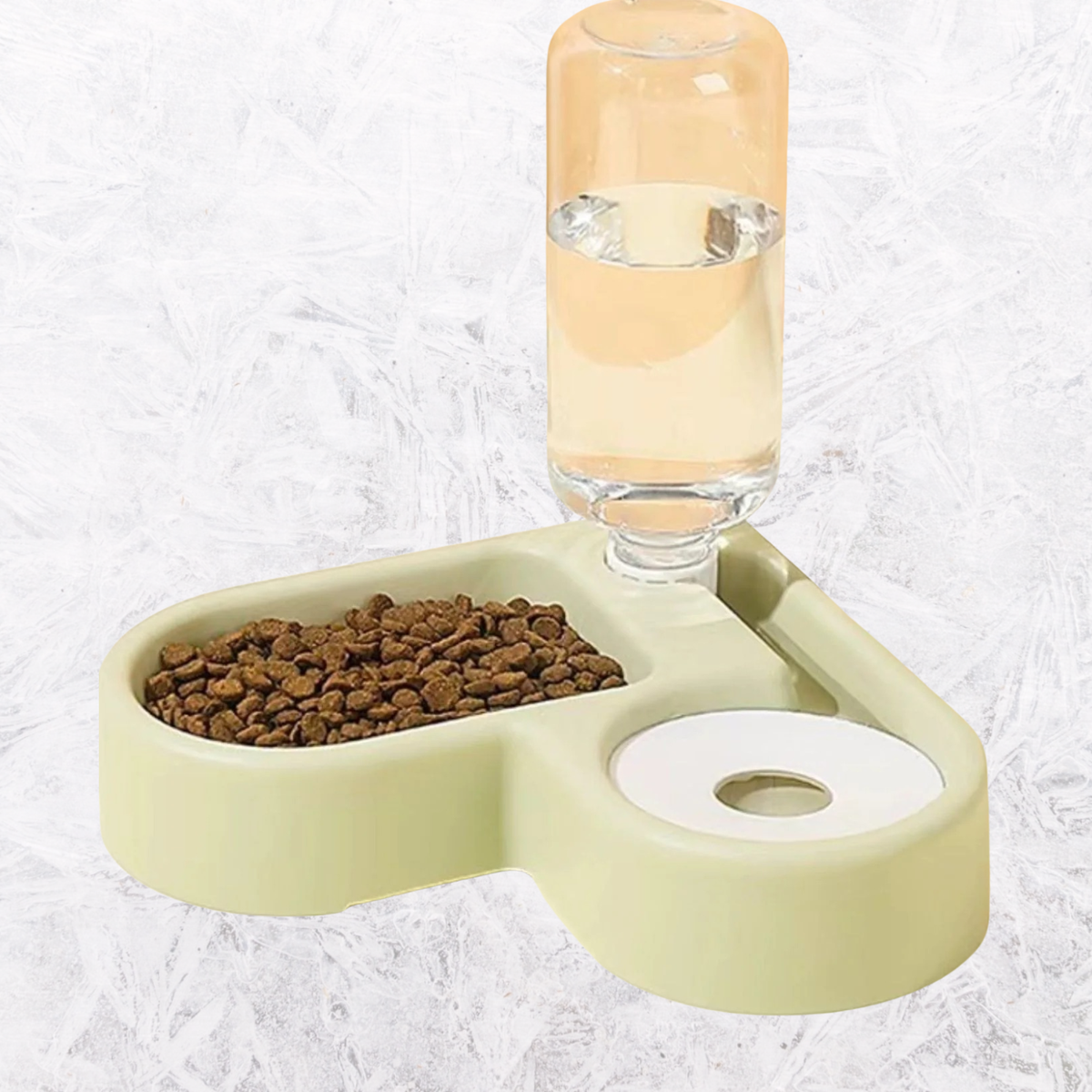 Dusty blue automatic water refilling pet bowl with clear water bottle and dual dishes