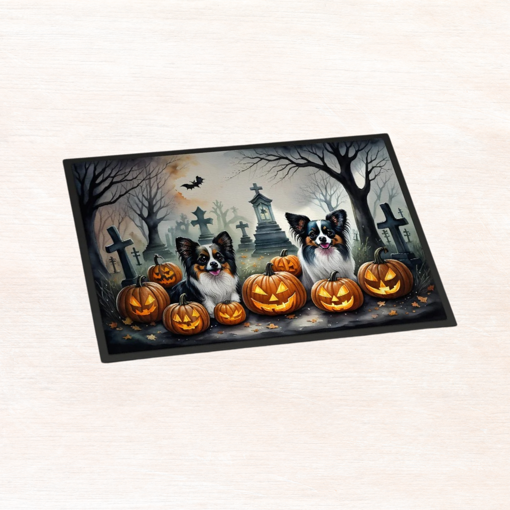 Spooky Halloween doormat with two dogs, pumpkins, tombstones, and a haunted tree