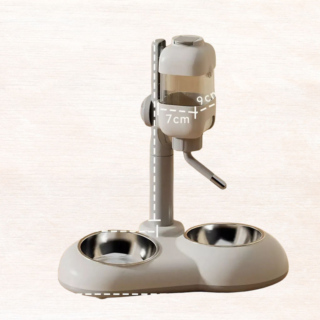 Beige automatic pet dispenser bowl with two stainless bowls, 7cm shown