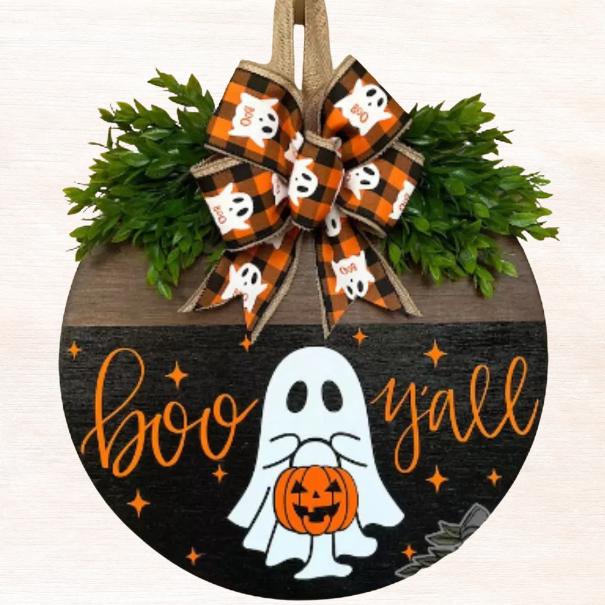Halloween door hanger with orange plaid ghost bow, jack-o-lantern, and “Boo-y’all” text.