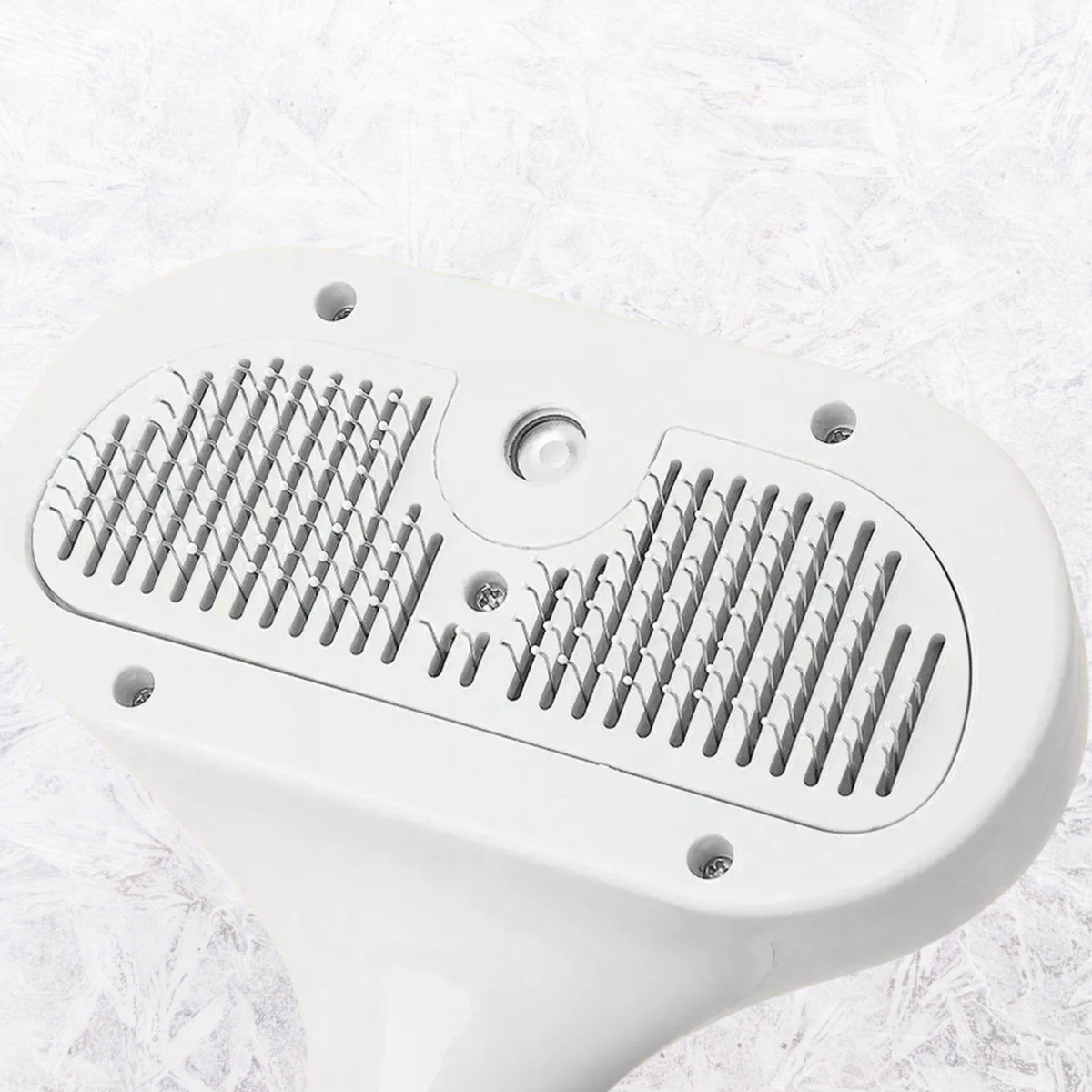 White pet hair remover comb with dual metal bristle grids on oval head.