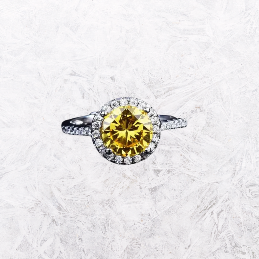Moissanite sterling silver ring with yellow round center stone and halo accents
