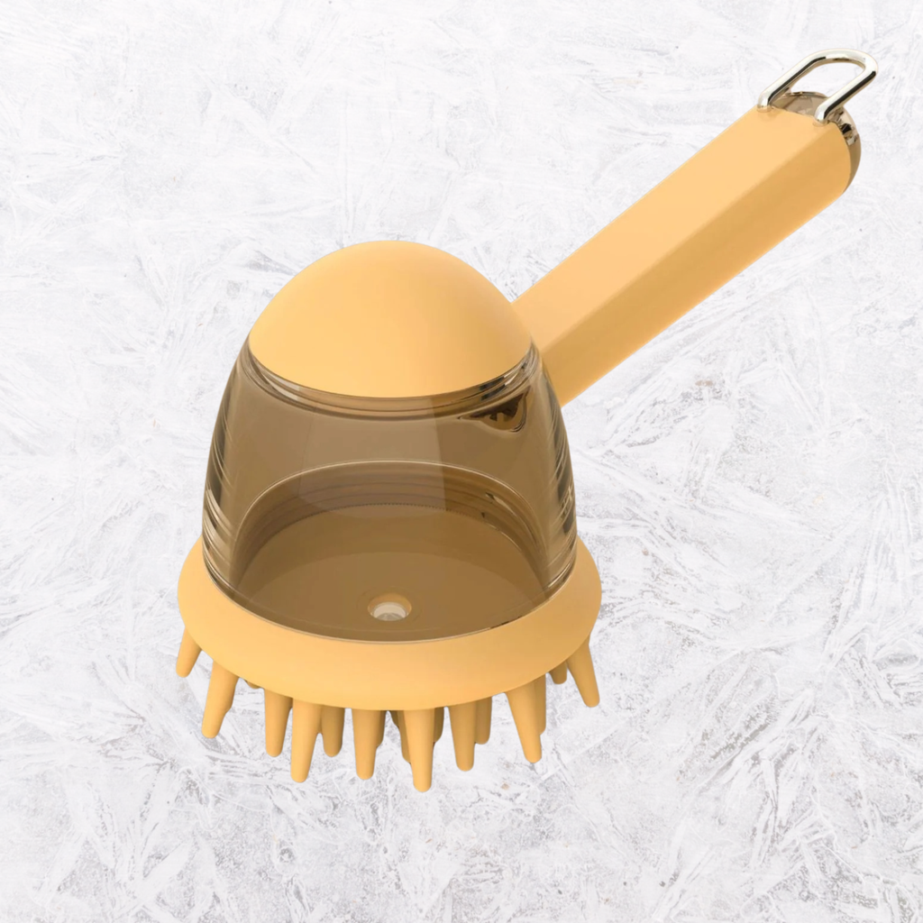 Soap-dispensing pet bath brush, yellow bristle head with clear soap cup