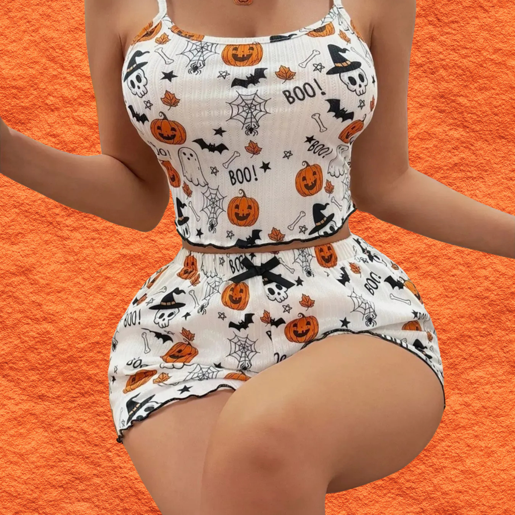White Halloween cami and shorts with orange pumpkins, ghosts, bats, and black accents