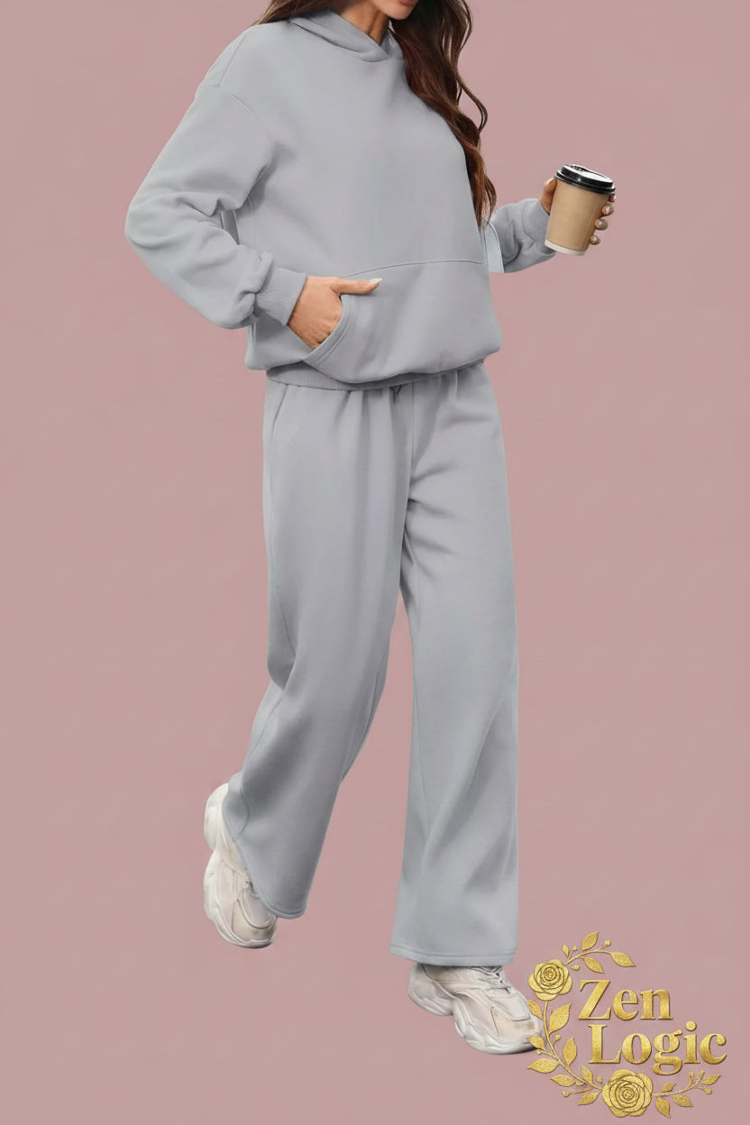 Kangaroo Pocket Hoodie and Wide-Leg Pant Set - Comfort Meets Style - Goldflame Elixir