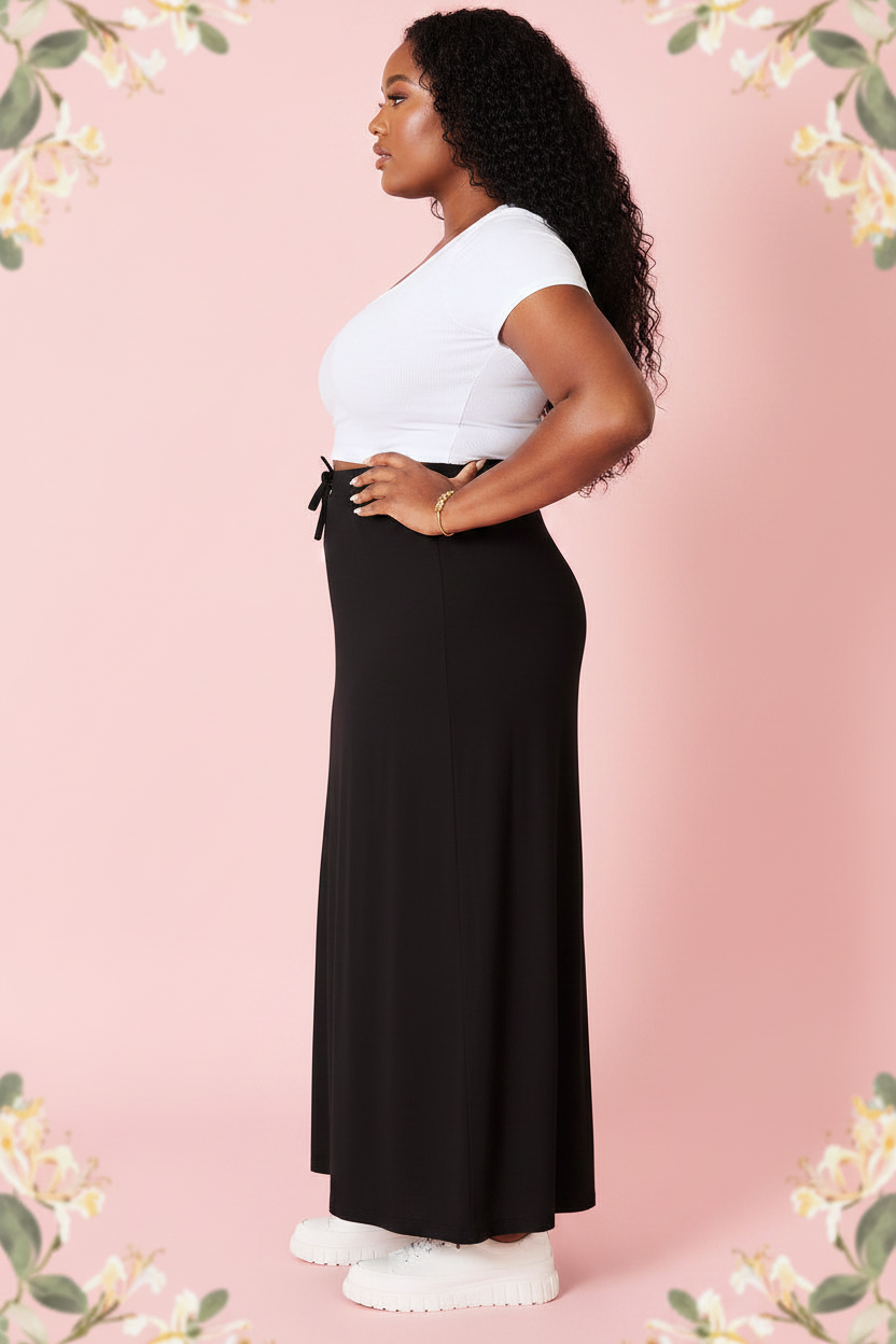 Black rayon maxi skirt with drawstring waist, full-length flowy silhouette