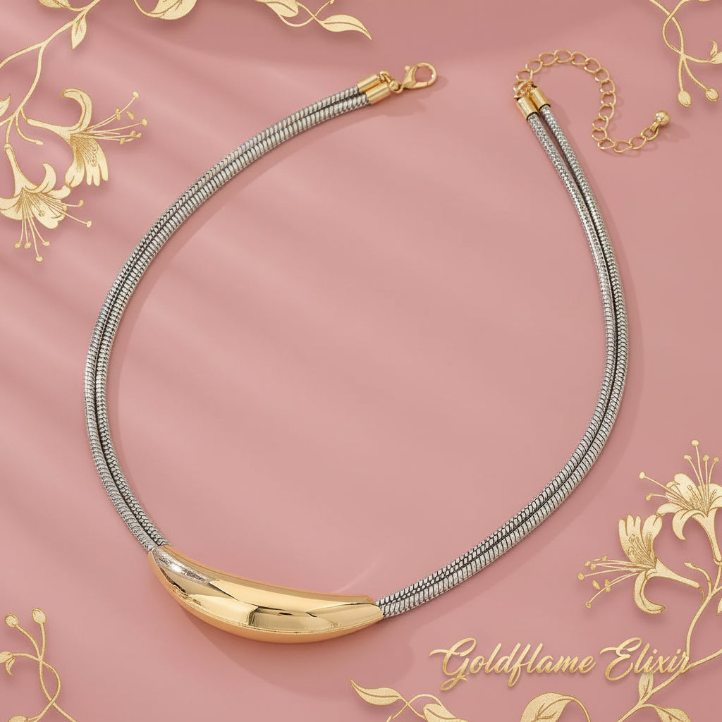 Curved Pendant Snake Chain Necklace - Two-Tone Alloy Elegance - Goldflame Elixir