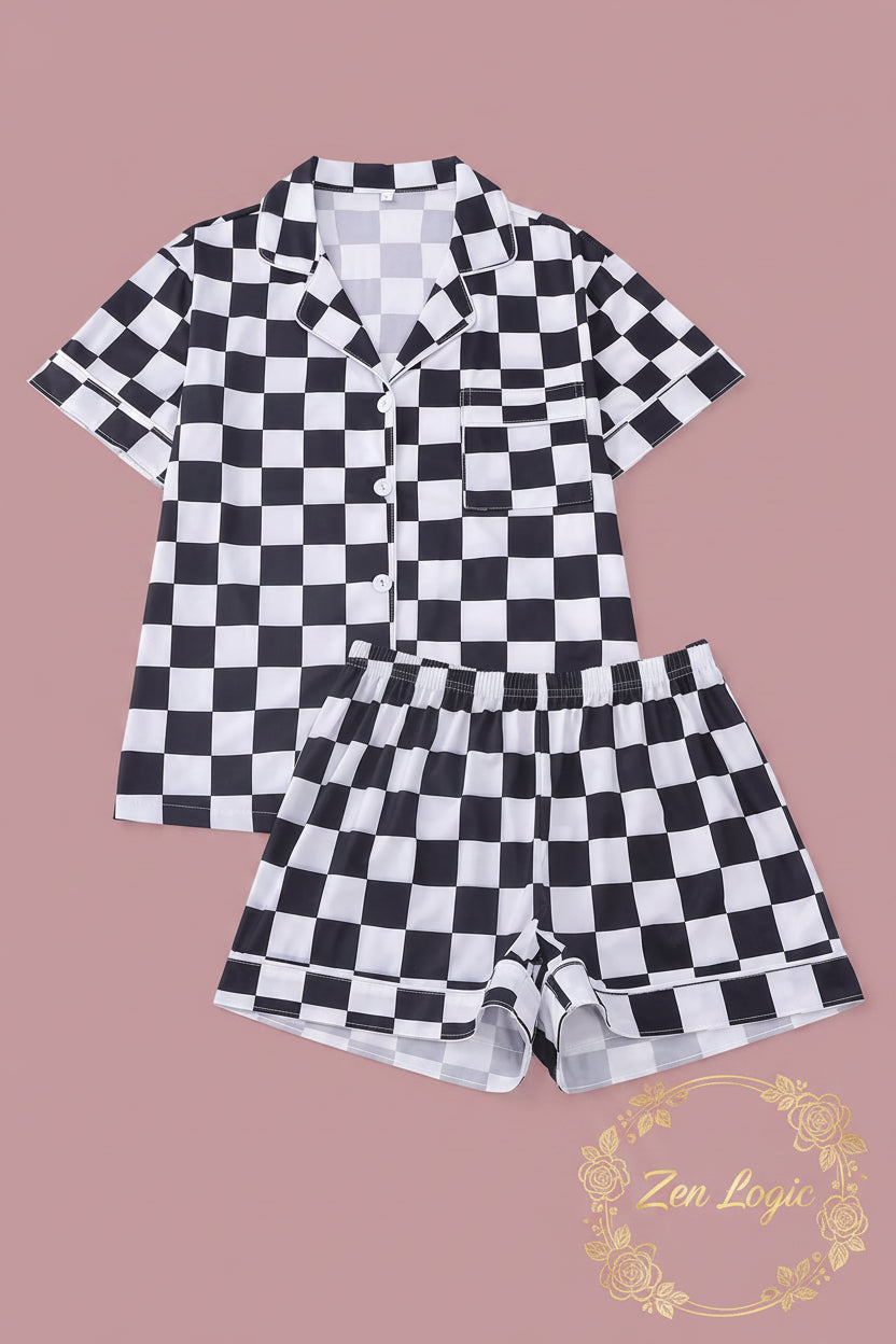 Checkered Print Button Up Top and Shorts Lounge Set - Goldflame Elixir