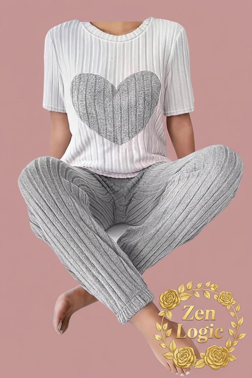 Heart Ribbed Knit Top and Pants Lounge Set - Goldflame Elixir