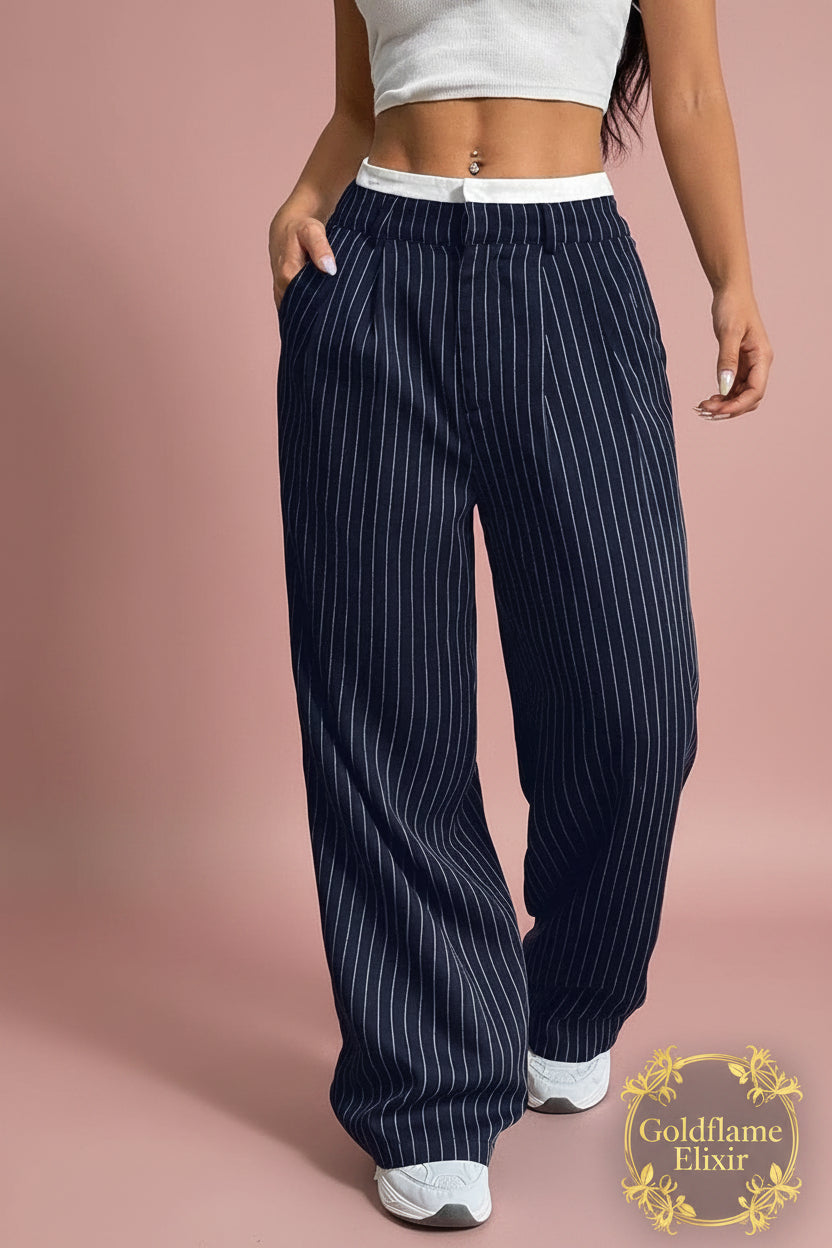High-Waisted Pinstripe Wide-Leg Pants for Effortless Style - Goldflame Elixir