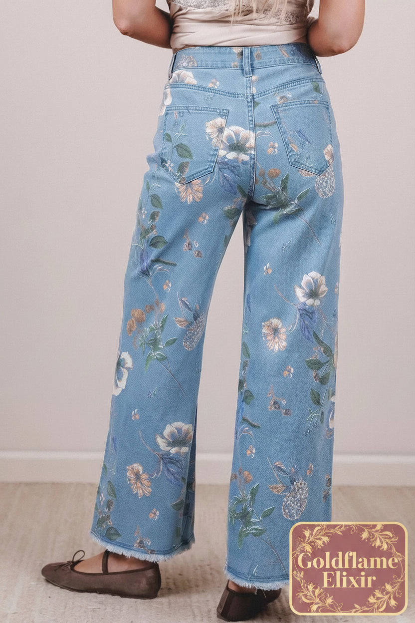 Floral Print Wide-Leg Jeans - Stylish Comfort for Every Occasion - Goldflame Elixir