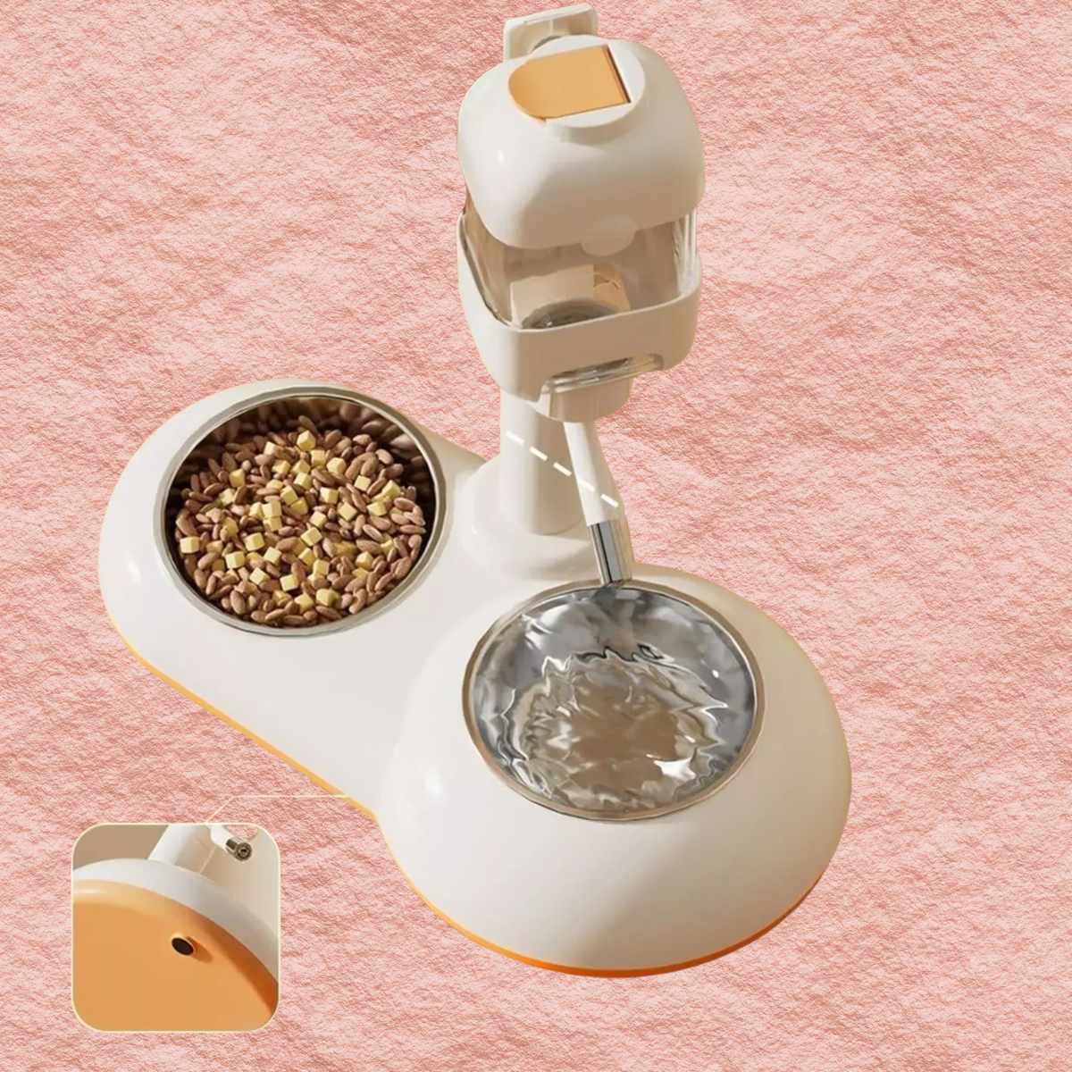White automatic pet dispenser bowl with orange trim, two stainless bowls