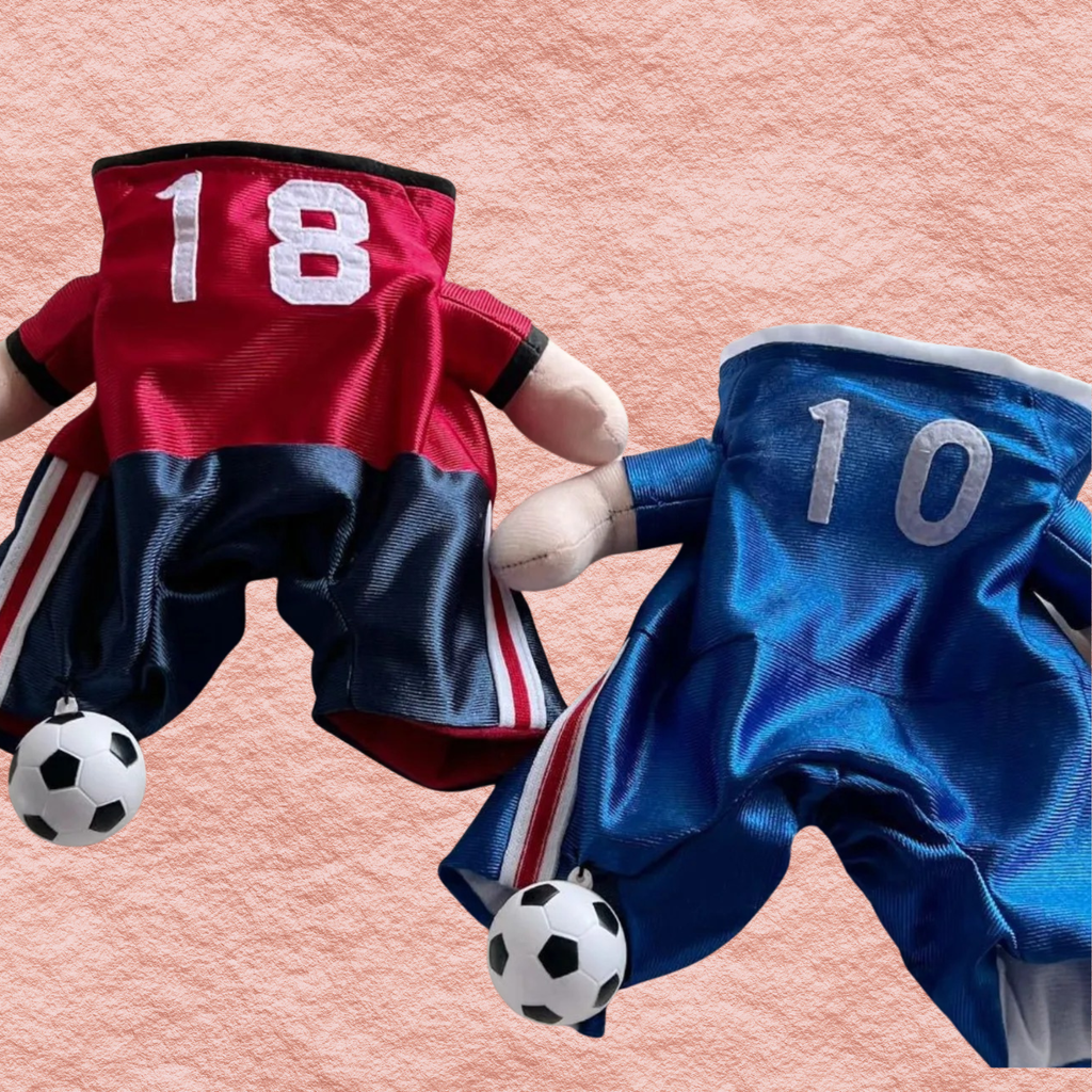 Dog number jumpsuits in red 18 and blue 10 with side trim and soccer balls