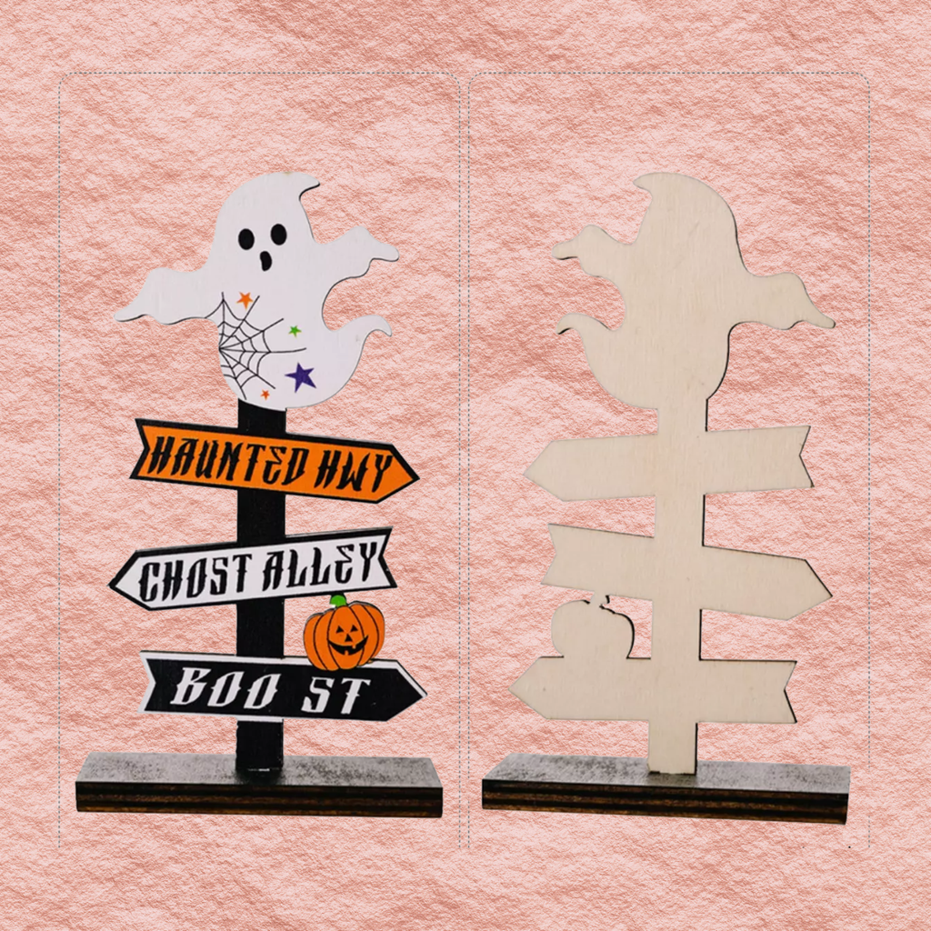 Halloween wooden signpost ornament pair: ghost figure front and cutout back on black bases