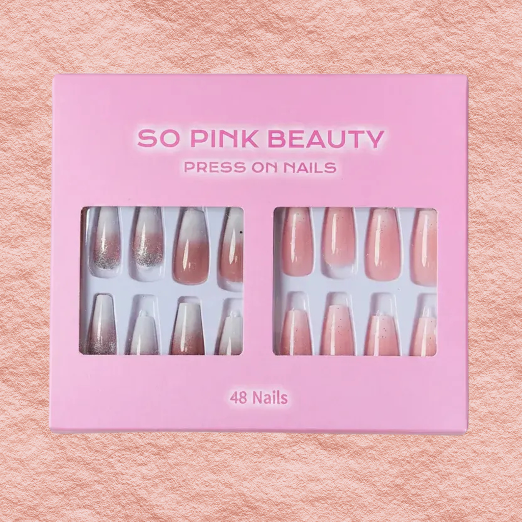 Press-on nail set in box, sparkly silver and nude pink nail designs, 48 nails