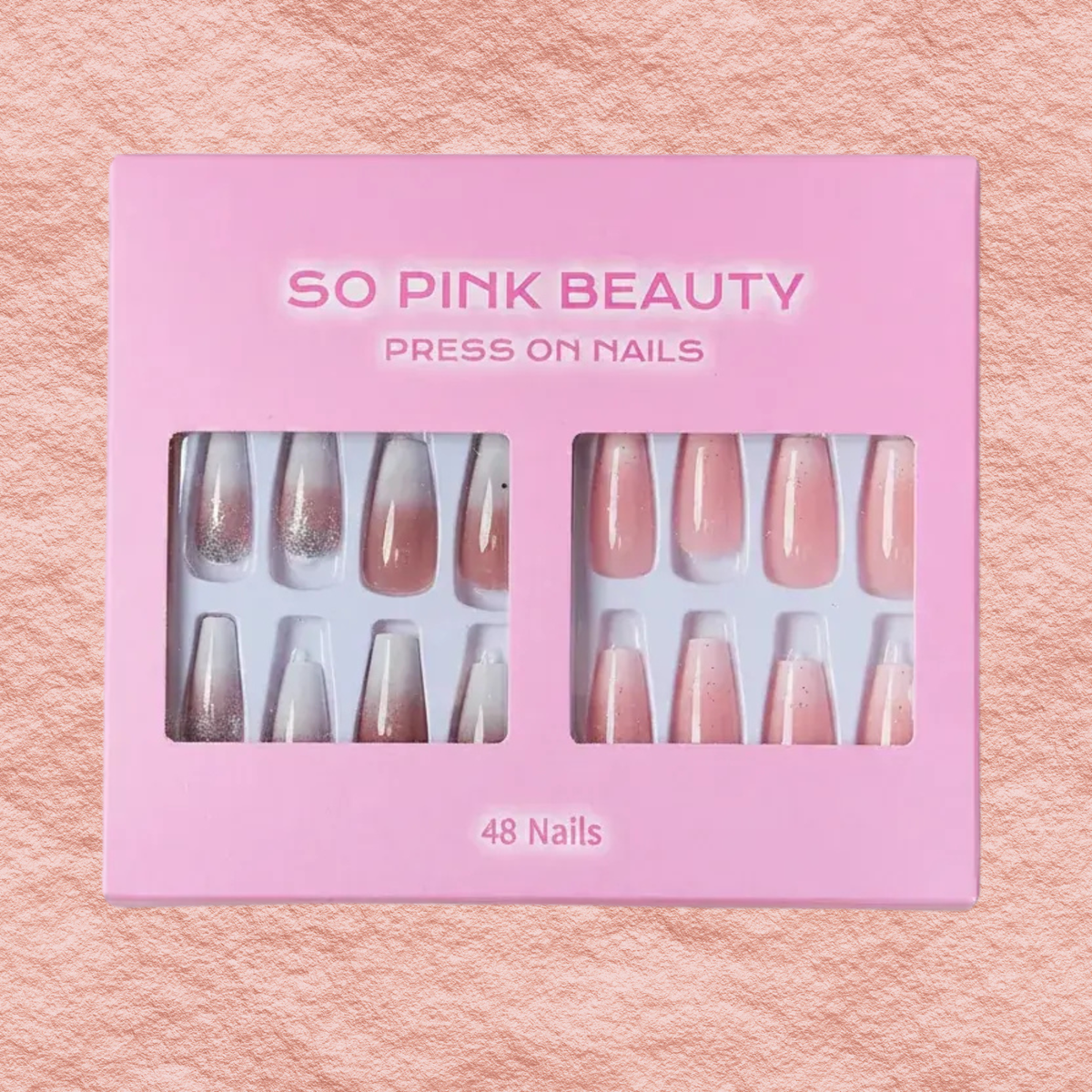 Press-on nail set in box, sparkly silver and nude pink nail designs, 48 nails