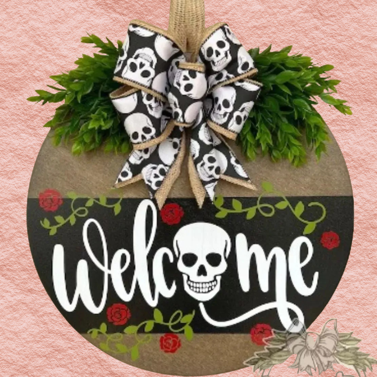 Halloween door hanger with green leafy roses, burlap skull bow, and “Welcome Me” text.