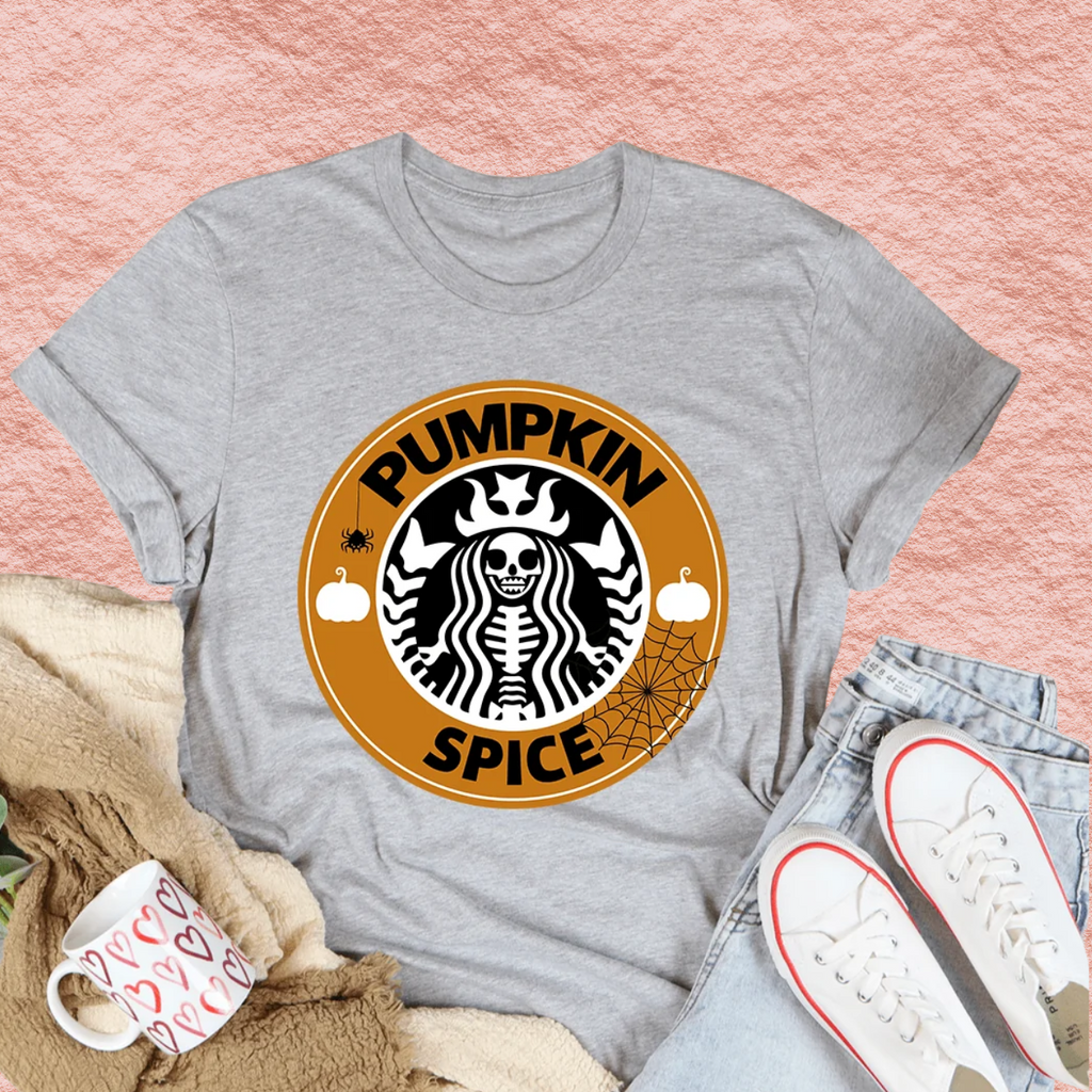 Heather gray crewneck T-shirt with Pumpkin Spice graphic logo on front