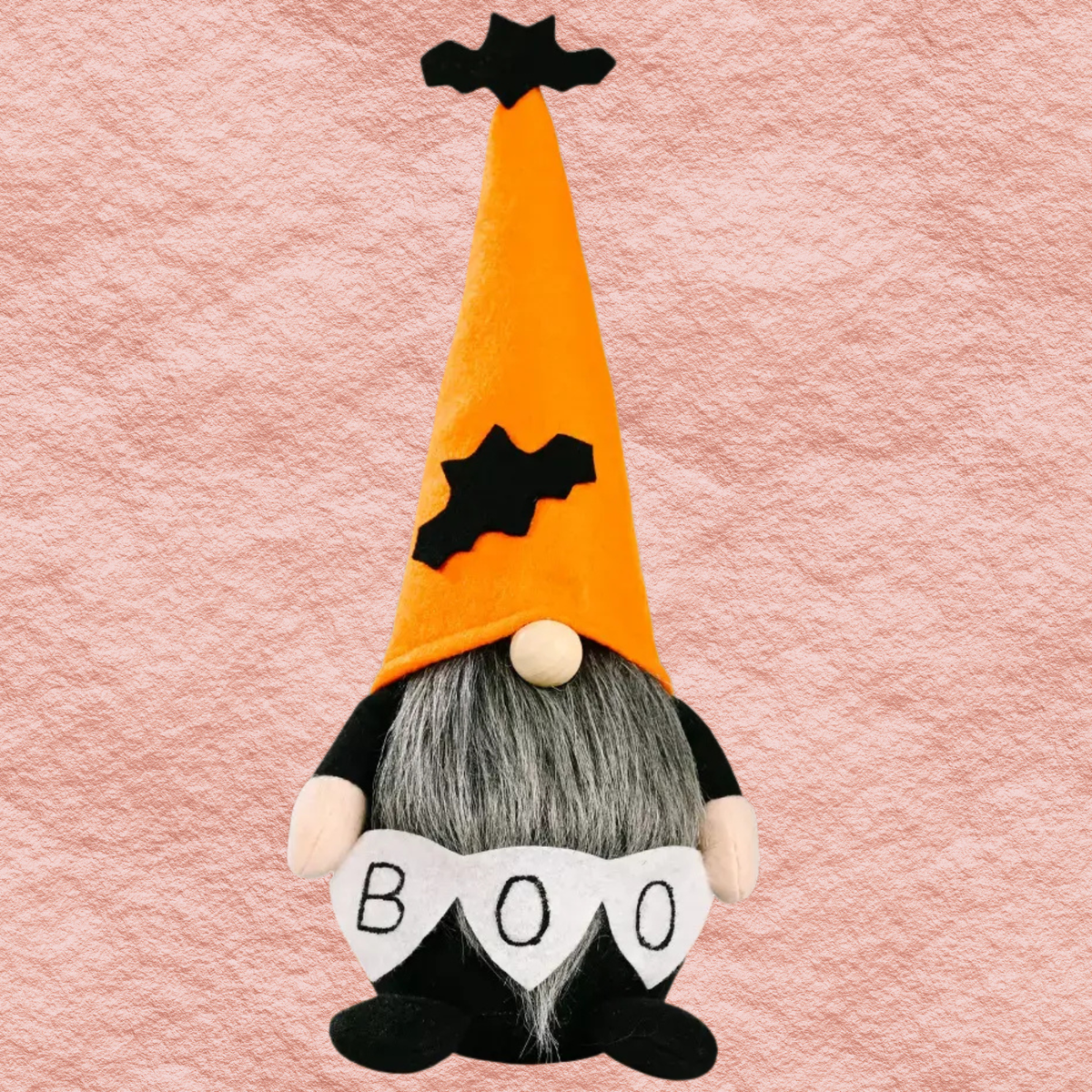 Halloween gnome decoration with orange pointed hat, black outfit, white bib with BOO