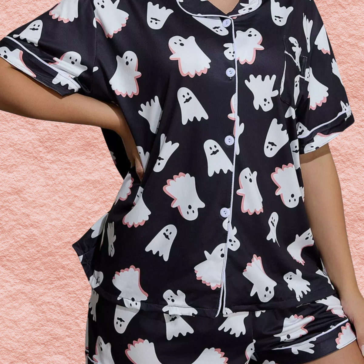 Black ghost-print pajama top, short-sleeve with button placket and curved hem
