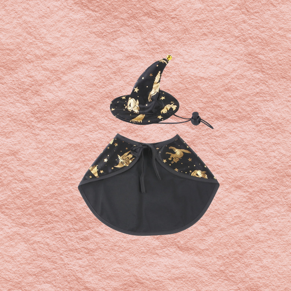 Pet witch hat and cape set: black star print with gold accents and tie closure