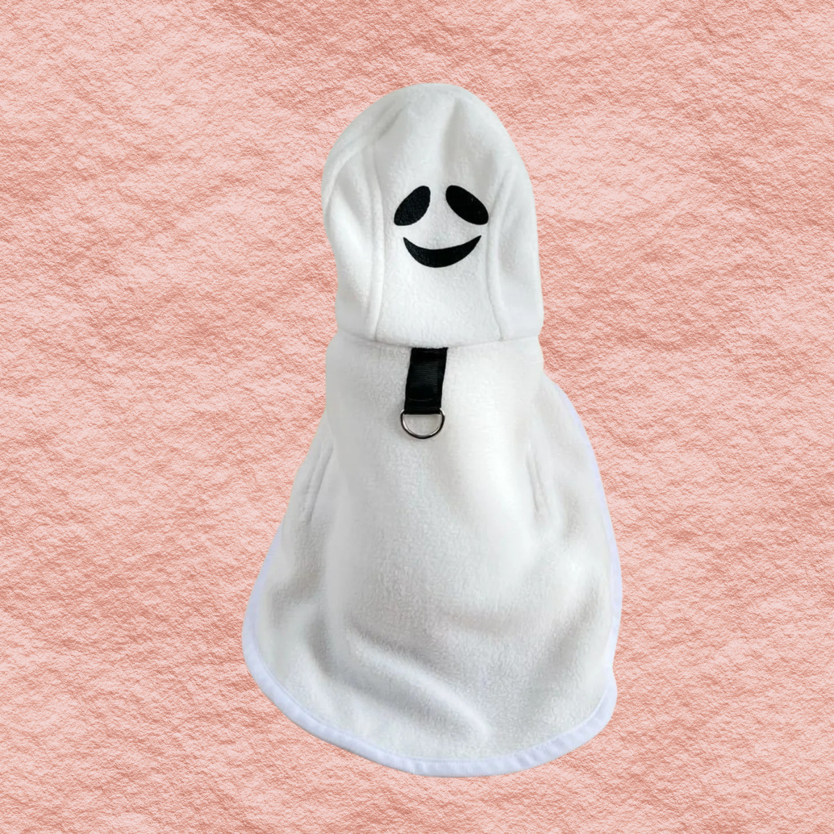 White hooded pet costume coat with smiling face and front buckle strap