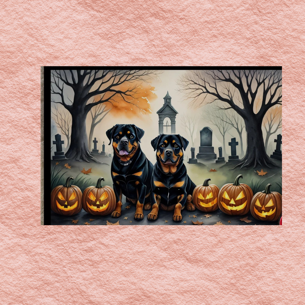 Halloween rottweiler doormat on wall: two rottweilers, jack-o-lanterns, and graveyard artwork