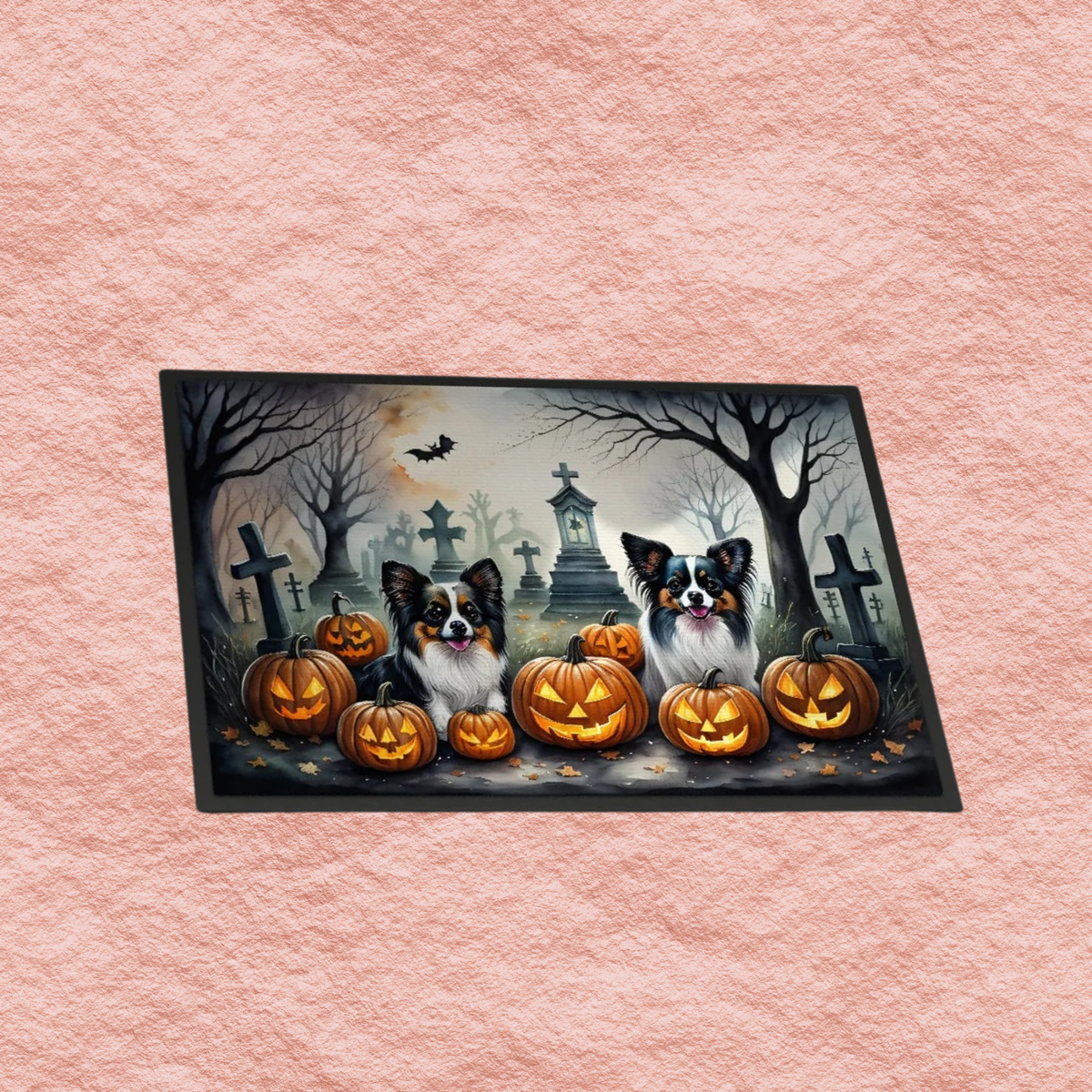 Spooky Halloween doormat with dogs, carved jack-o'-lanterns, and cemetery crosses