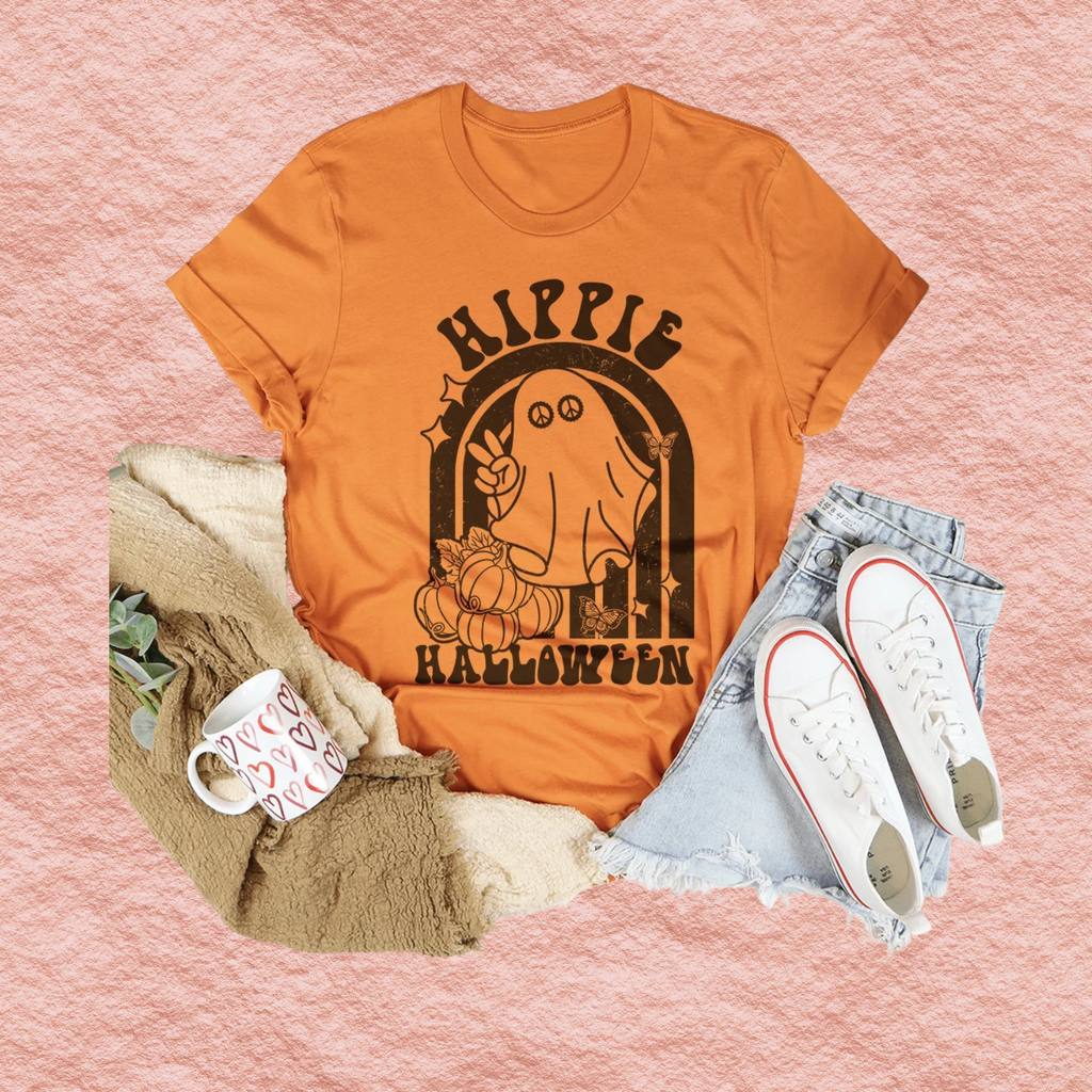Burnt orange Halloween graphic T-shirt with Hippie Halloween arch cat face print