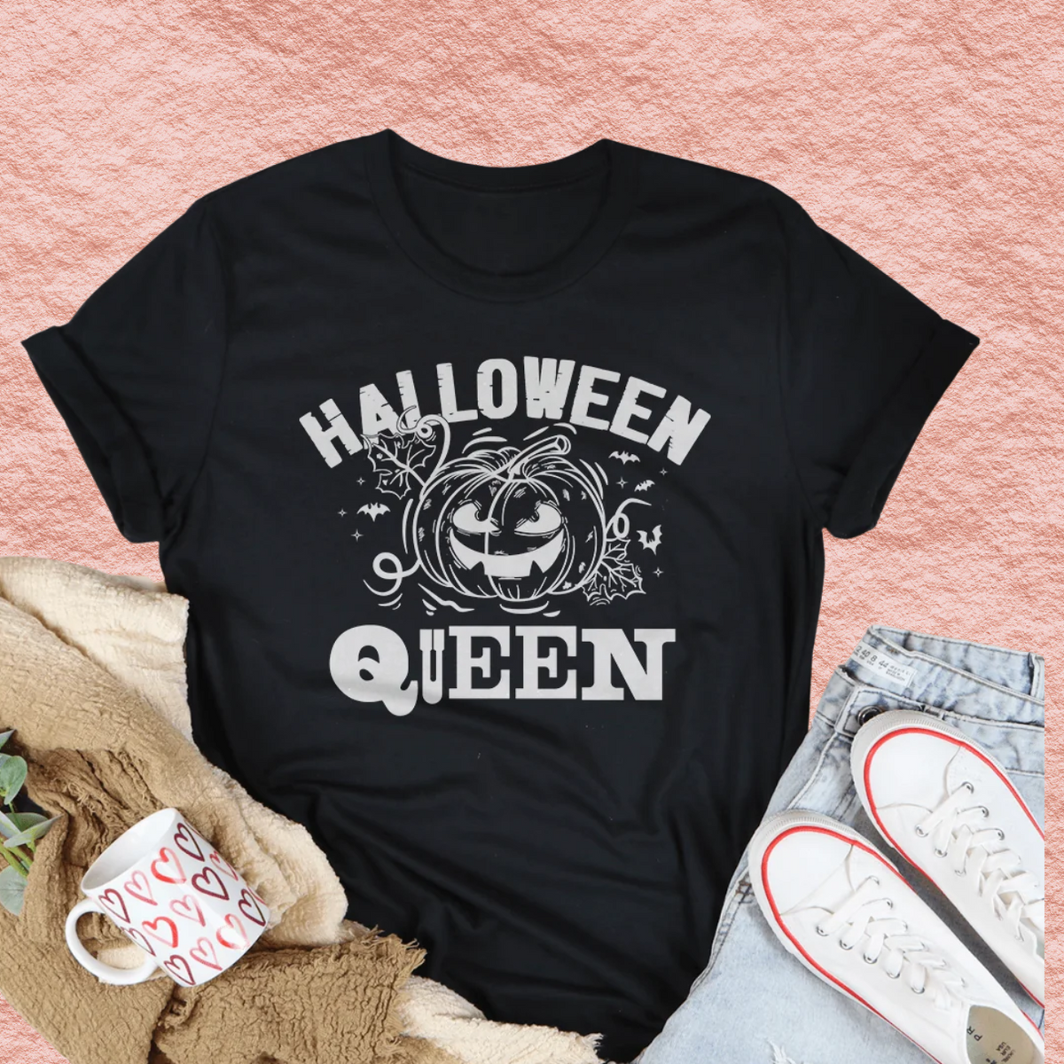 Black short-sleeve Halloween Queen graphic tee with jack-o-lantern illustration