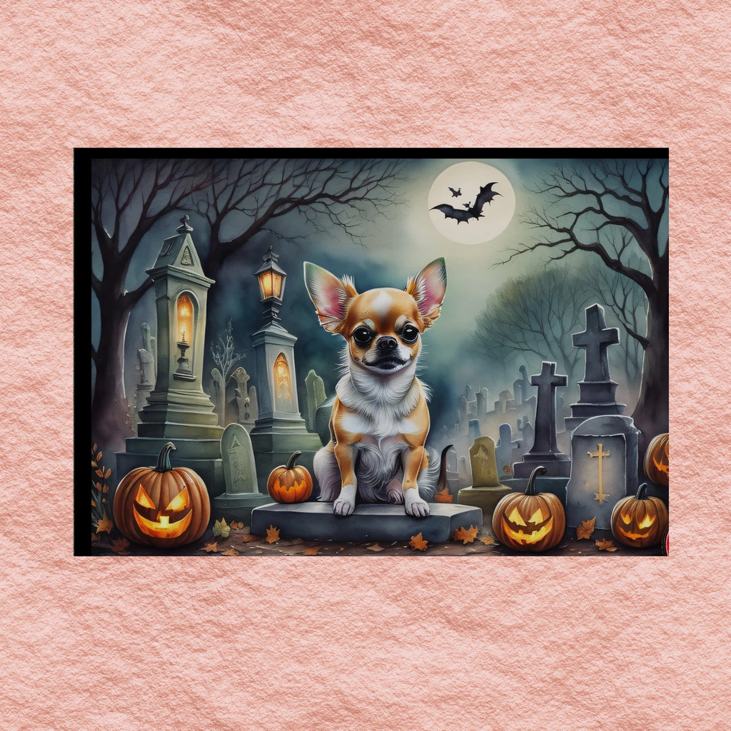 Halloween doormat with chihuahua in haunted cemetery scene, pumpkins and glowing crosses