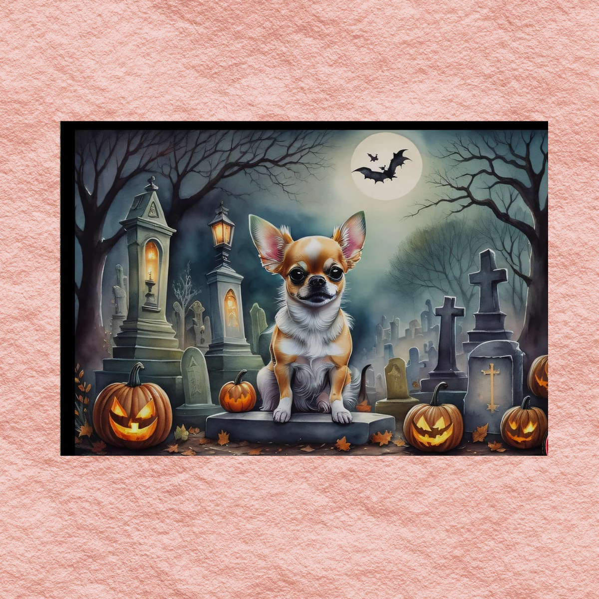 Halloween doormat with chihuahua in haunted cemetery scene, pumpkins and glowing crosses