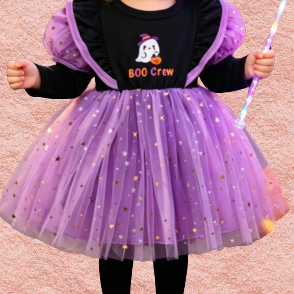 Purple and black Halloween tutu dress with ghost “BOO Crew” chest graphic