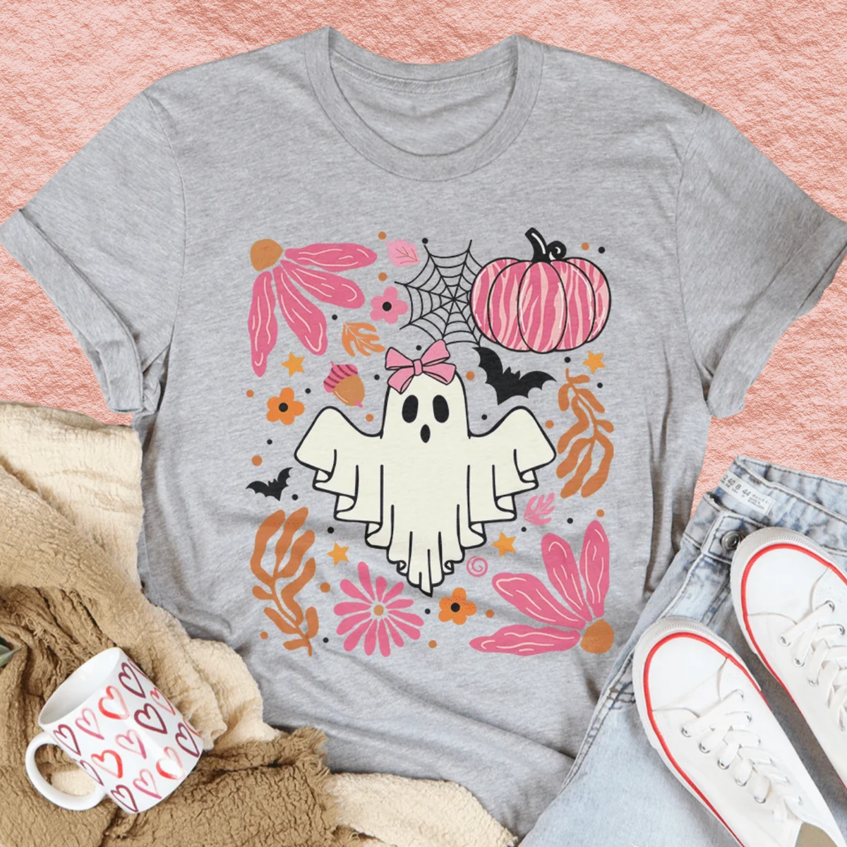 Gray heather Halloween ghost T-shirt with pink pumpkin, bow, spiderweb and flowers