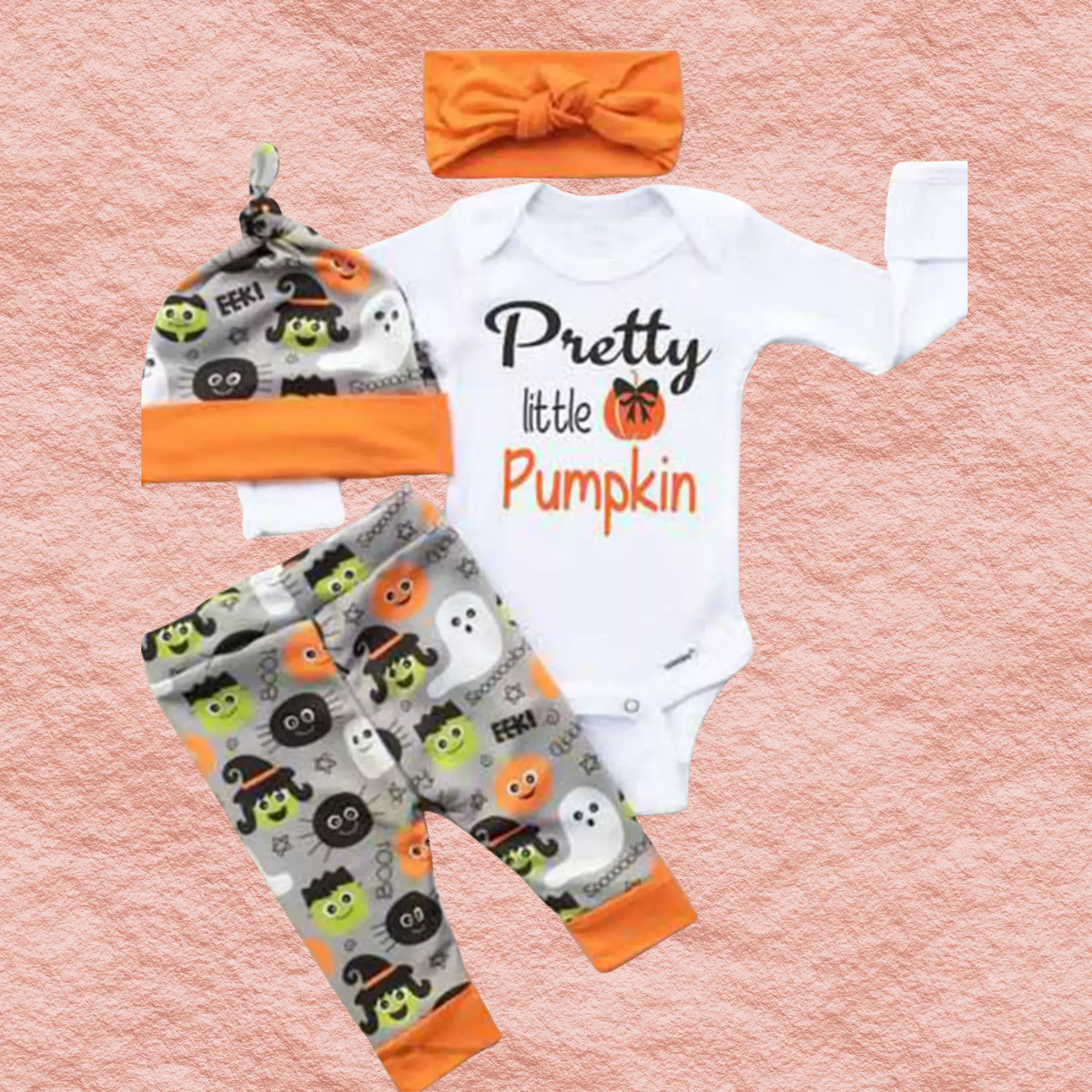 Children's Halloween set: white onesie with “Pretty little Pumpkin,” orange headband and pants
