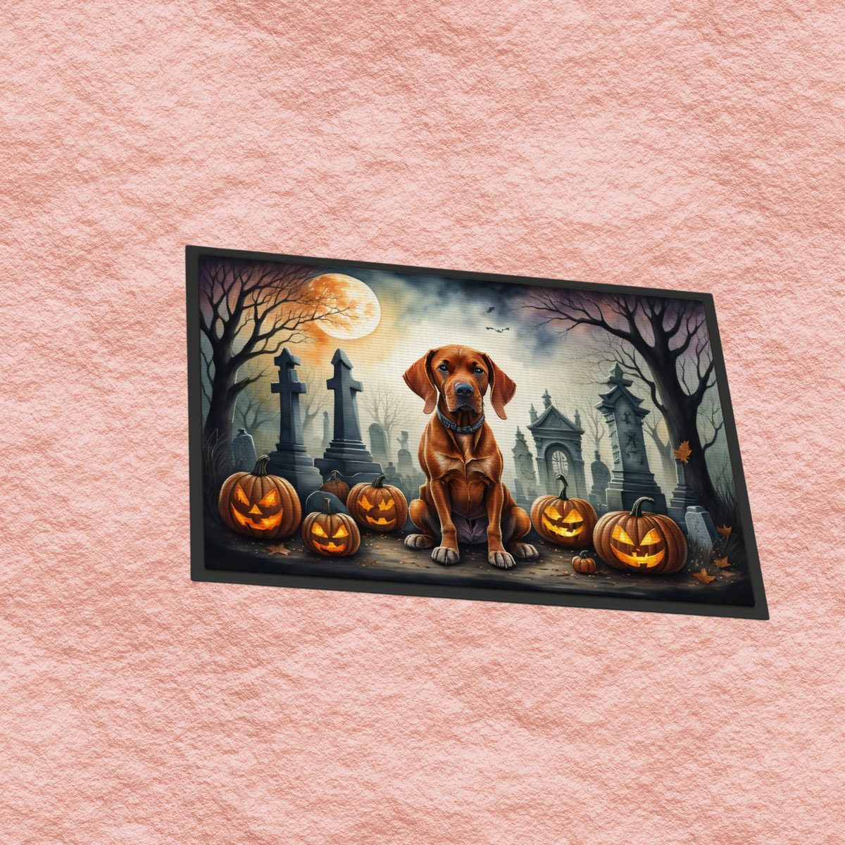 Halloween doormat with brown Vizsla, orange jack-o-lanterns, and haunted cemetery scene
