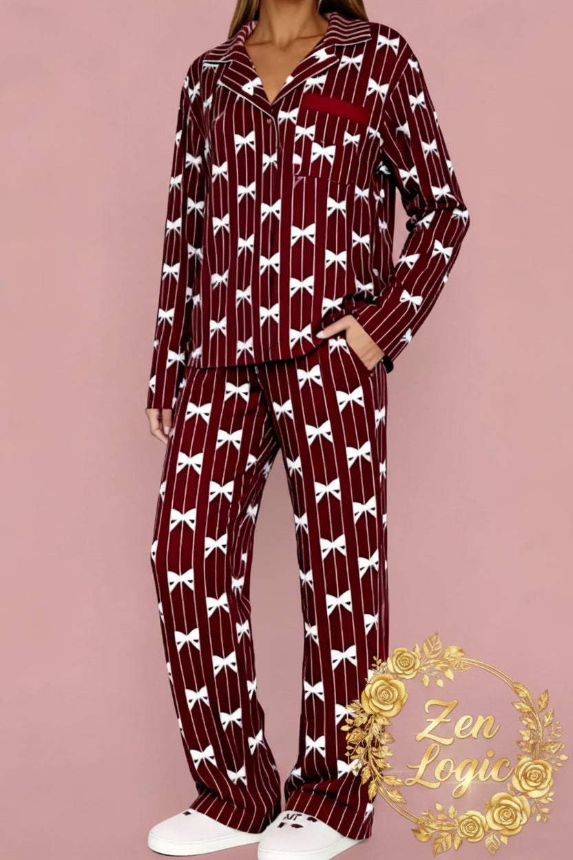 Bow Print Top and Wide Leg Pants Lounge Set - Goldflame Elixir