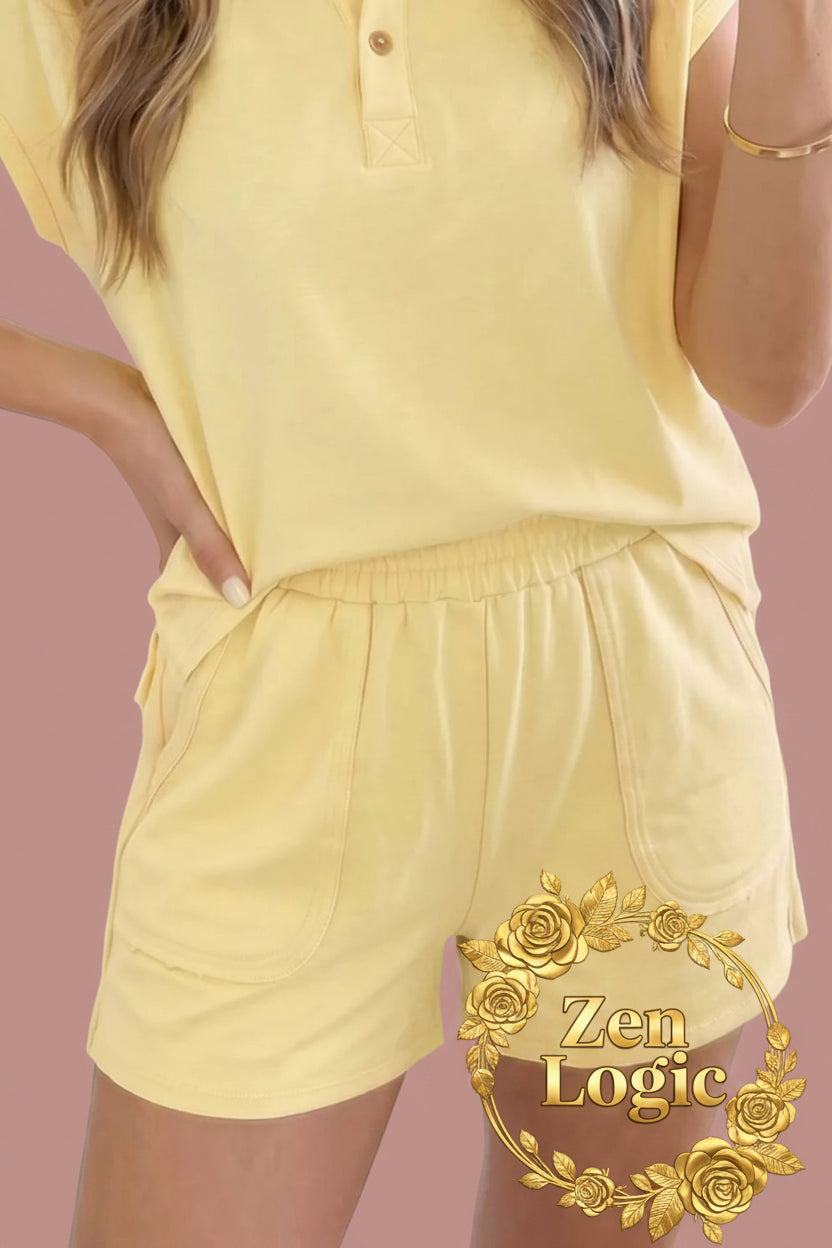 Solid Color Polo Tee Elastic Waist Shorts Lounge Set - Goldflame Elixir