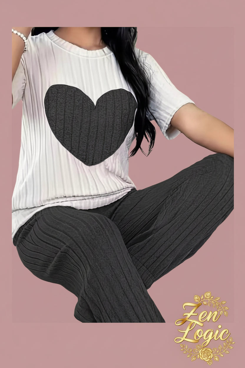 Heart Ribbed Knit Top and Pants Lounge Set - Goldflame Elixir