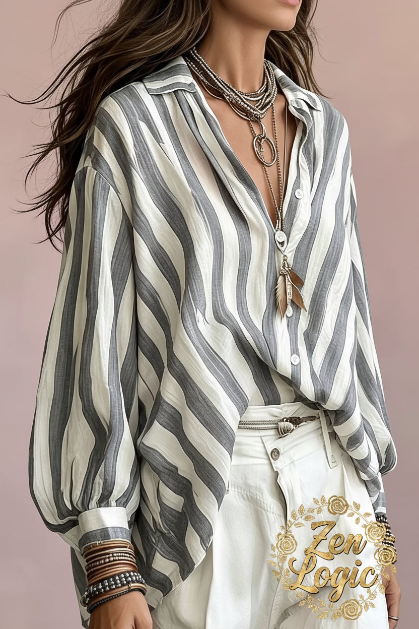Striped Loose Fit Shirt - Effortless Style and Comfort - Goldflame Elixir